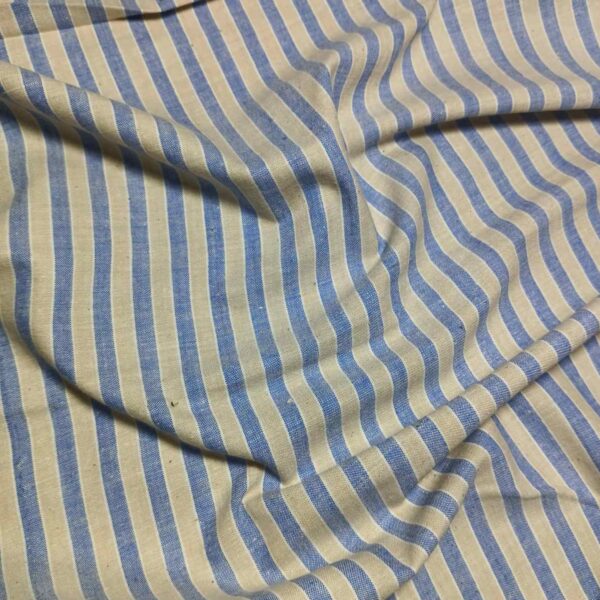 Handspun & Handwoven Natural Cotton Blue Beige Stripe Fabric - Image 2