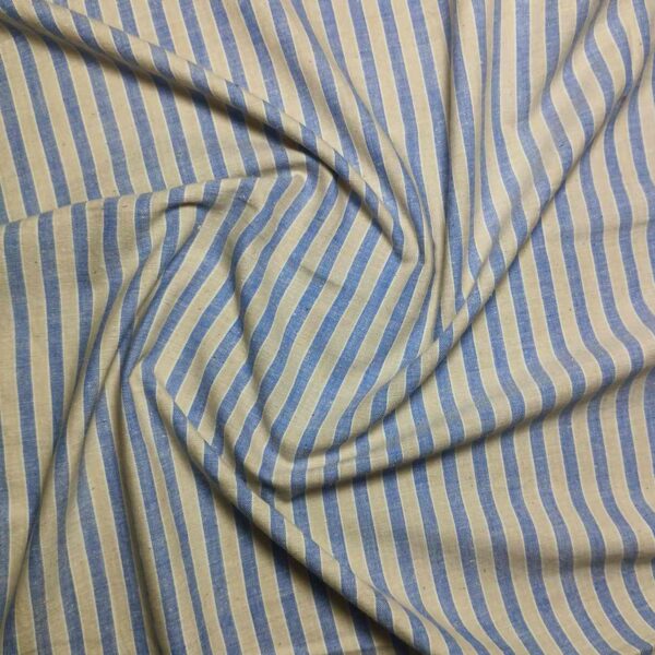 Handspun & Handwoven Natural Cotton Blue Beige Stripe Fabric - Image 3