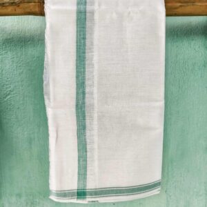 Handloom White Cotton Khadi Gmacha ( Towal ) Green Border