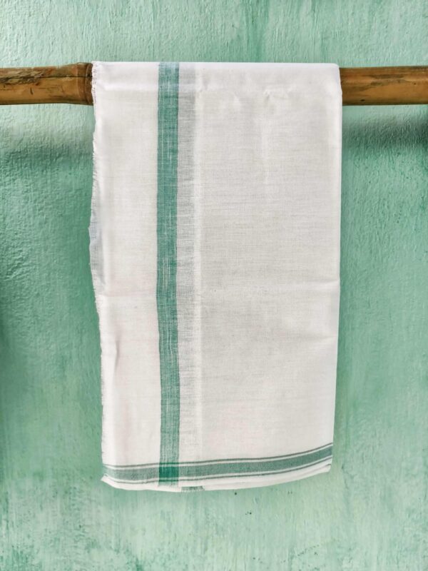 Handloom White Cotton Khadi Gmacha ( Towal ) Green Border