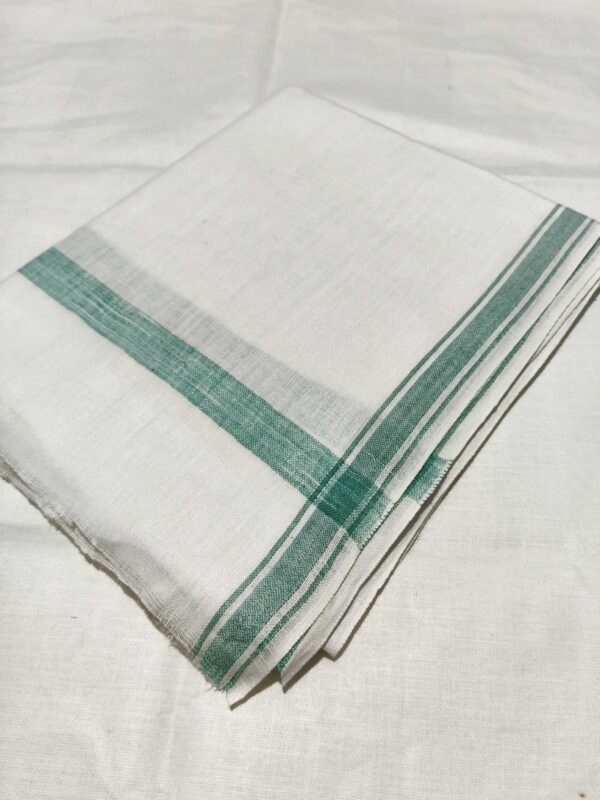 Handloom White Cotton Khadi Gmacha ( Towal ) Green Border - Image 2