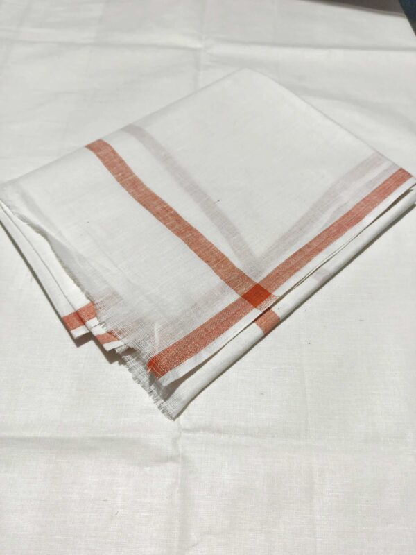 Handloom White Cotton Khadi Gamcha ( Towal ) Orange Border - Image 2